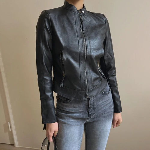 Load image into Gallery viewer, Fashion Black Basic Autumn Leather Jacket Women Motorcycle Streetwear Chic Zip Up Coat Cropped Outerwear Cool Jackets
