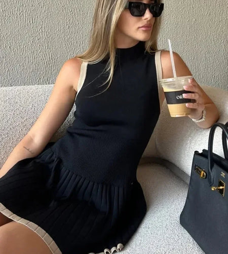 Elegant Sleeveless Knitted Sweater Dress Women Elastic Slim Short Skirt Pleated Female Summer 2024 New Vacation Vestidos
