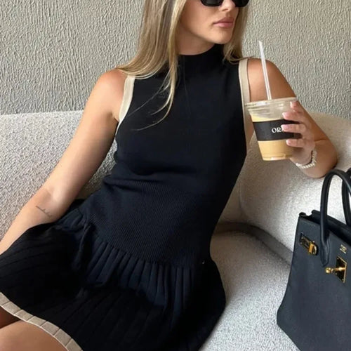 Load image into Gallery viewer, Elegant Sleeveless Knitted Sweater Dress Women Elastic Slim Short Skirt Pleated Female Summer 2024 New Vacation Vestidos
