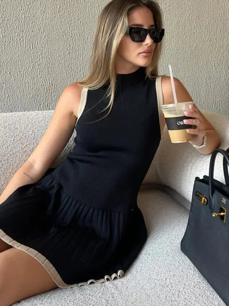 Elegant Sleeveless Knitted Sweater Dress Women Elastic Slim Short Skirt Pleated Female Summer 2024 New Vacation Vestidos