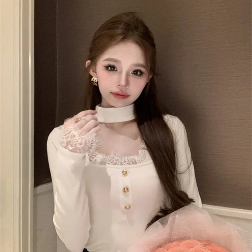 Load image into Gallery viewer, Patchwork Lace Elegant Sweet Tshirts Women Chic Sweet Y2k Slim Button Tees Square Collar Bottoming Vintage Long Sleeve Crop Top
