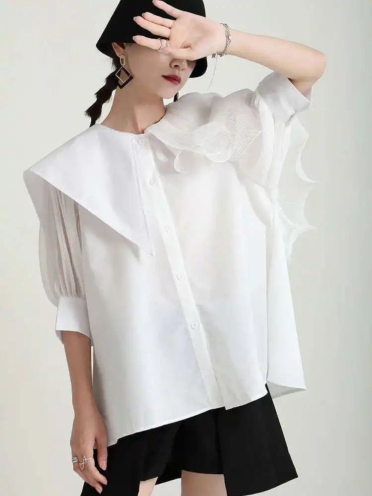 Women Green Irregular Ruffles Big Size Blouse New Lapel Short Sleeve Loose Fit Shirt Fashion Spring Summer 2025 1DF4886