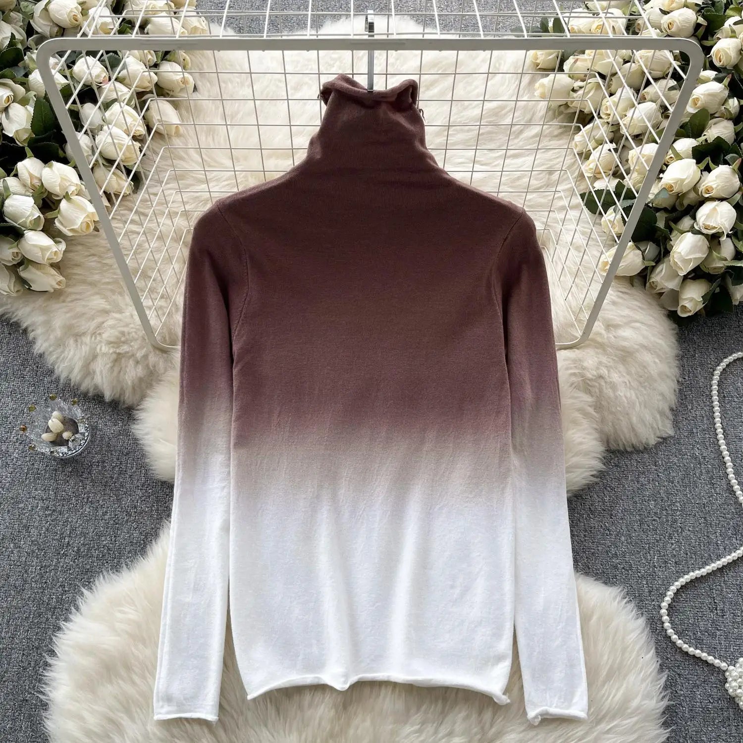 Women Vintage Elegant Long Sleeved Gradual Knitted Sweater Female Autumn New Turtleneck Slim Pullover Tops Fashion Versatile Y2k