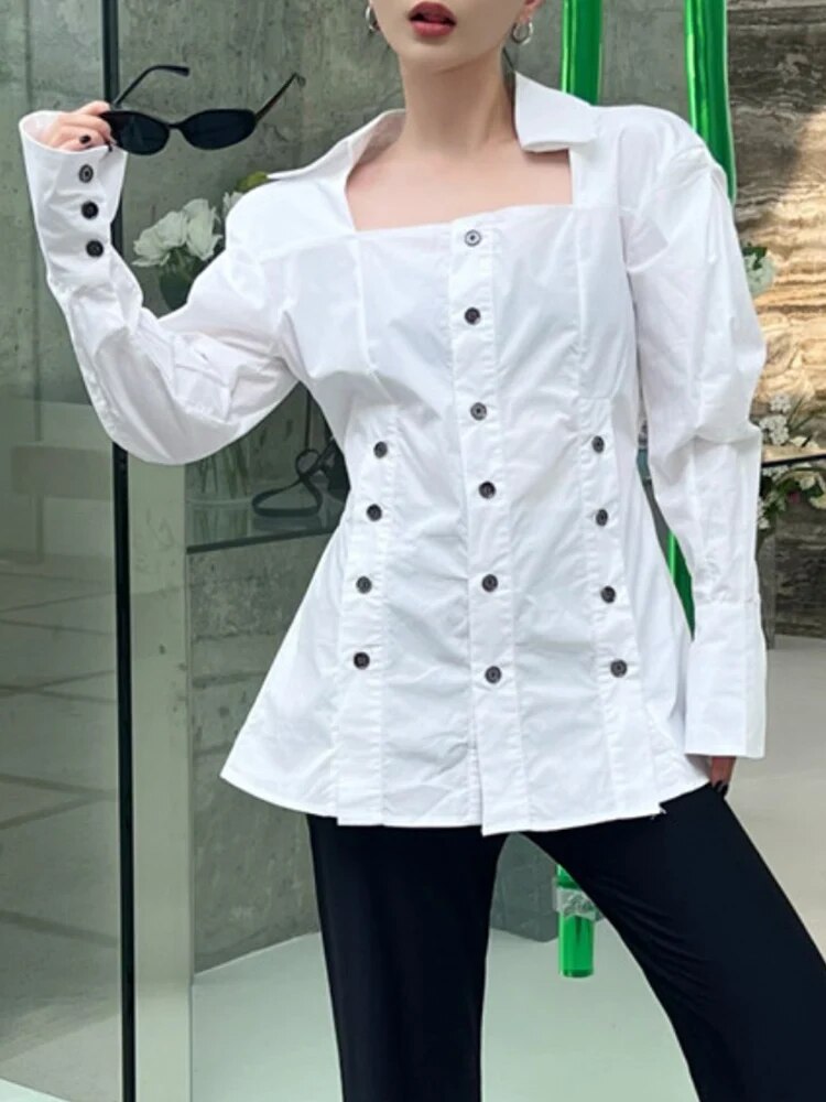 Patchwork Triple Breasted Shirts For Women Square Collar Puff Sleeve Tunic Slimming Solid Blouse Female Fashion