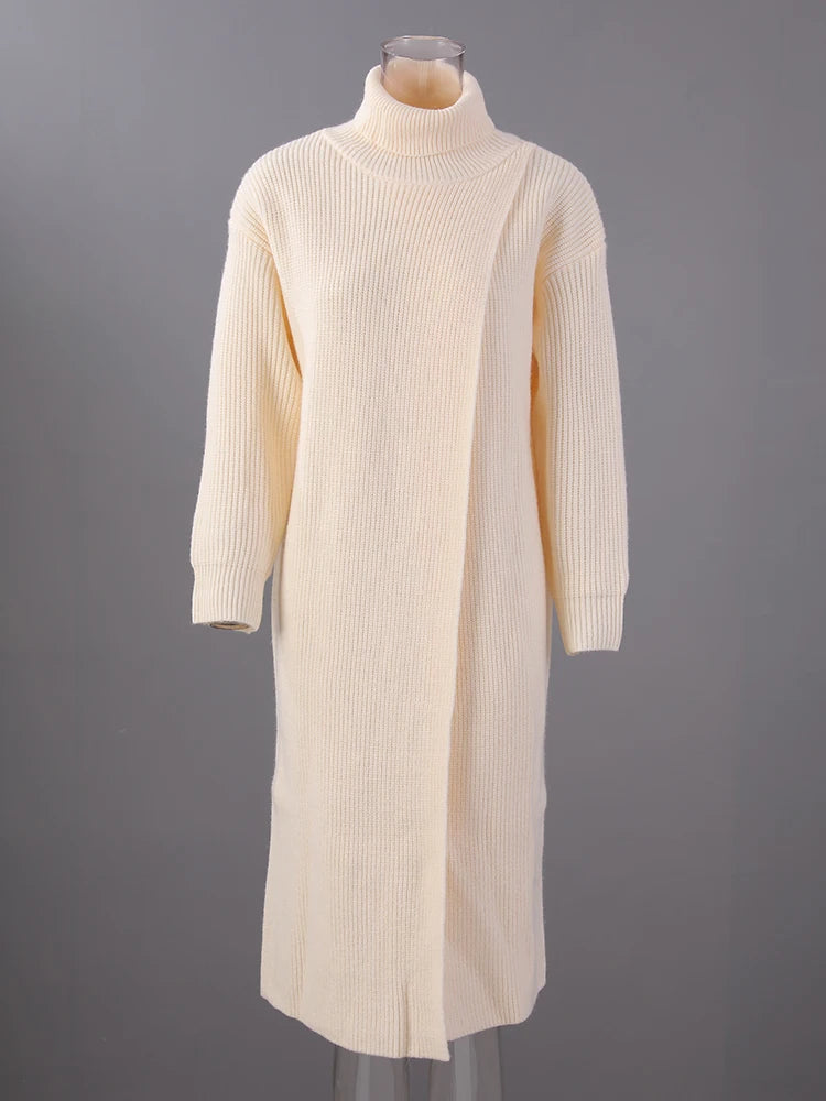 Women Orange Knitting Long Slit Big Size Dress New Turtleneck Long Sleeve Loose Fit Fashion Spring Autumn 2025 1DE5886