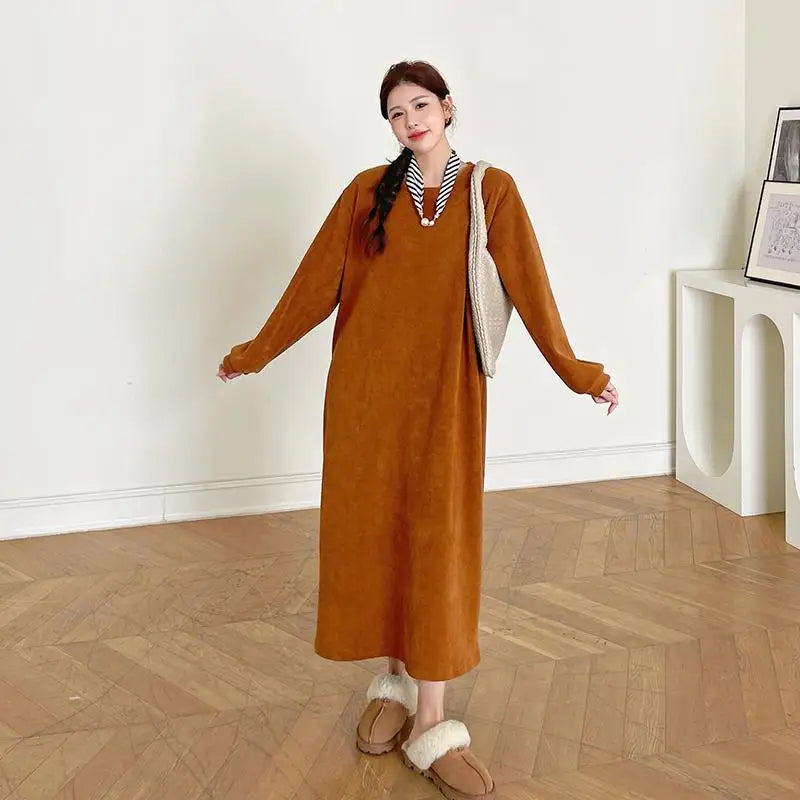 Autumn Winter Round Neck Vacation Knit Dress Korean Fashion Women's Loose Long Sleeved Sweatshirt Dress Ladies Casual Simplicity