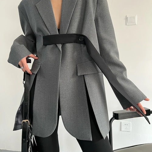Load image into Gallery viewer, Women Gray Ribbon button Slit Elegant Big Size Blazer New Lapel Long Sleeve Jacket Fashion Tide Spring Autumn 2025 5W1003
