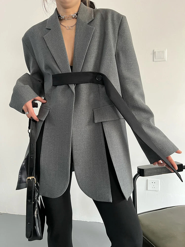 Women Gray Ribbon button Slit Elegant Big Size Blazer New Lapel Long Sleeve Jacket Fashion Tide Spring Autumn 2025 5W1003