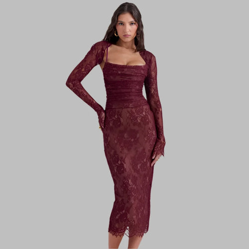 Load image into Gallery viewer, Red Lace Dress Women Luxury Party Outfits 2 Piece Set Bandage Bodycon Long Dresses with Cardigan Spring 2024 C33-FZ27
