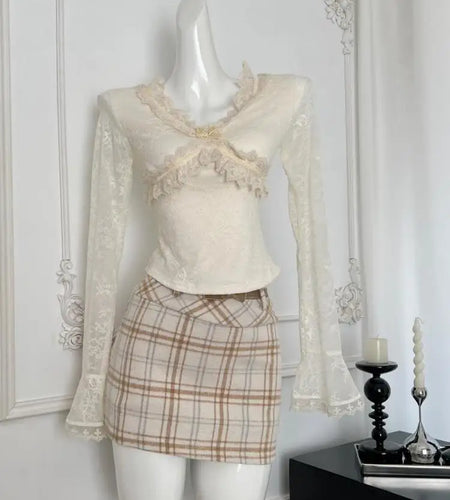 Autumn Winter Vintage Beige Plaid Wrap Hip Mini Skirt Korean Women High Waist Sexy Club A-line Short Skirt Ladies Fashion Casual