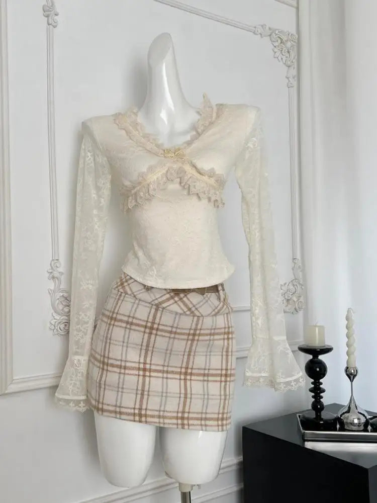 Autumn Winter Vintage Beige Plaid Wrap Hip Mini Skirt Korean Women High Waist Sexy Club A-line Short Skirt Ladies Fashion Casual