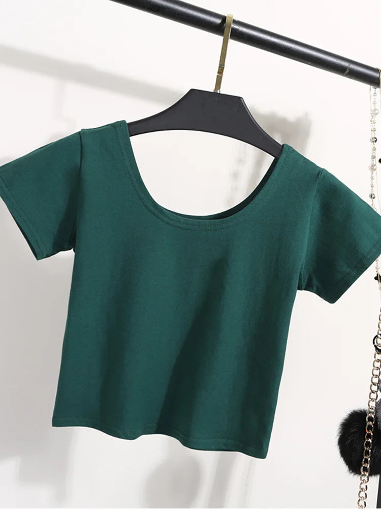 Solid Crop Top for Women Slim Fit High Waist Short Sleeve T-shirt Basic Summer Casual Tee
