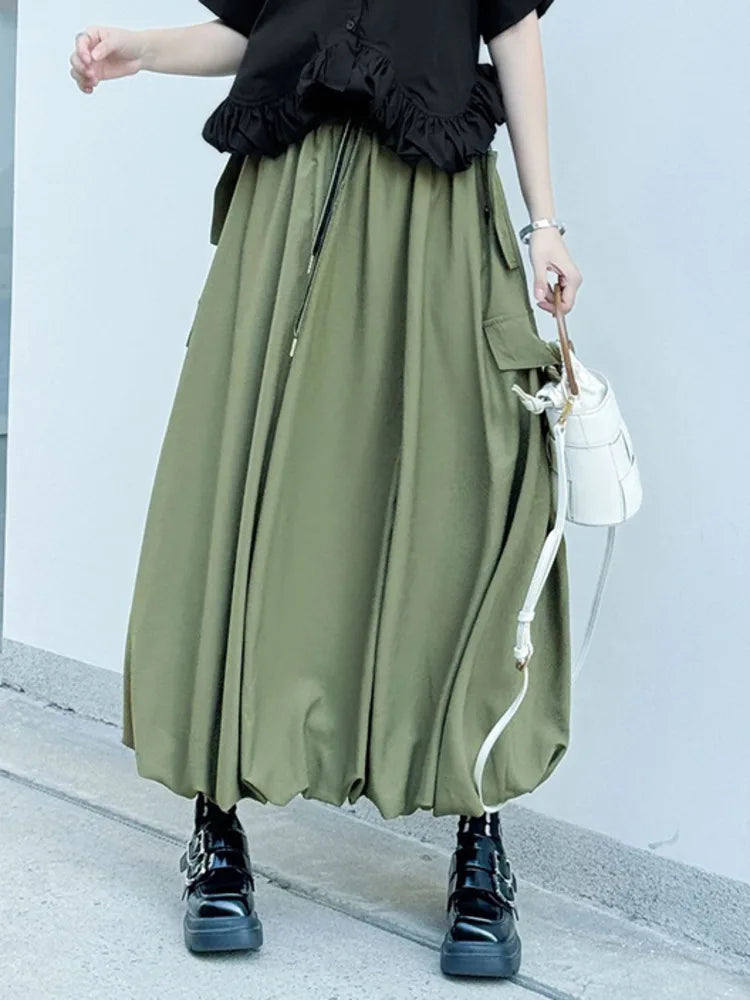High Elastic Waist Apricot Drawstring Casual Bud Half-body Skirt Women Fashion Tide New Spring Autumn 2025 1DJ0634