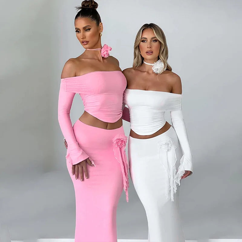 Elegant Halter 3D Flower Two Piece Sets Women Fashion Off-shoulder Tops And Maxi Skirt Matching Sets Bodycon Sexy Dress