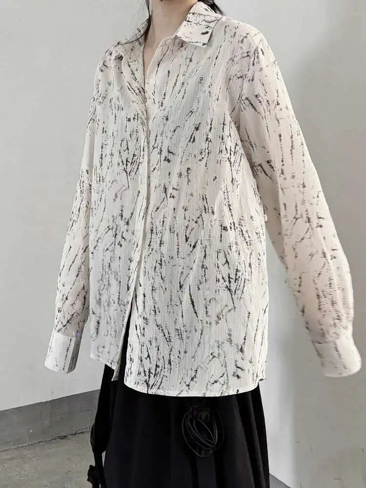 Women Pattern Printed Thin Pleated Big Size Blouse New Lapel Long Sleeve Shirt Fashion Tide Spring Autumn 2025 1DJ0406