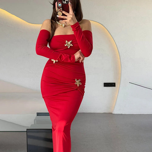 Load image into Gallery viewer, Metal Buckle Strapless Sexy Maxi Dress For Women Off-shoulder Backless Long Sleeve Ruched Bodycon Club Long Dress
