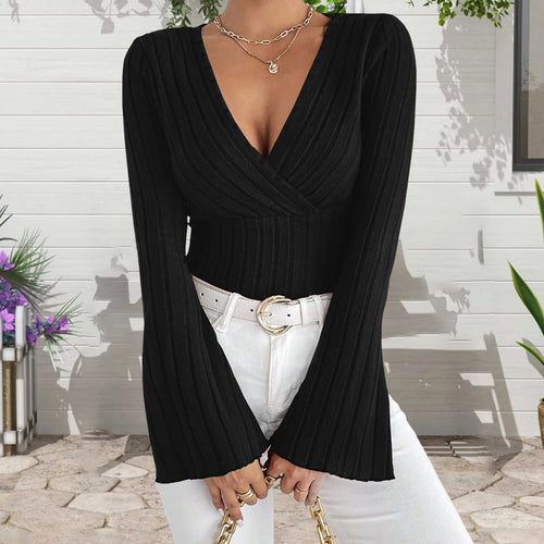 Load image into Gallery viewer, y2k Knitted T Shirts Sexy Women Clothes Solid Color Deep V Neck Flared Long Sleeve Ribbed Tops Clothing Club Streetwear
