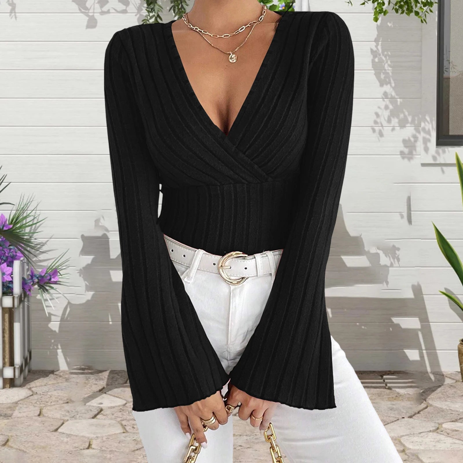 y2k Knitted T Shirts Sexy Women Clothes Solid Color Deep V Neck Flared Long Sleeve Ribbed Tops Clothing Club Streetwear