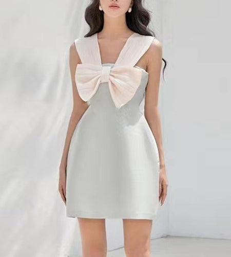 Slimming Sweet Dresses For Women V Neck Sleeveless Camisole High Waist Patchwork Bow Temperament Dress Female