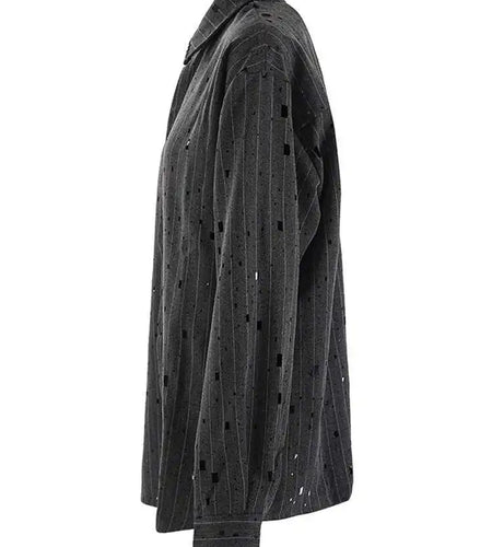 Women Dark Gray Striped Big Size Rhinestones Blouse New Lapel Long Sleeve Shirt Fashion Tide Spring Autumn 2025 CPG2428