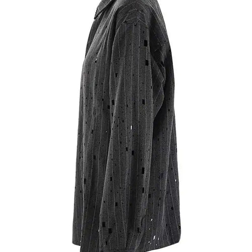 Load image into Gallery viewer, Women Dark Gray Striped Big Size Rhinestones Blouse New Lapel Long Sleeve Shirt Fashion Tide Spring Autumn 2025 CPG2428
