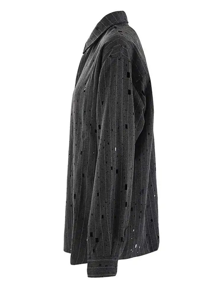 Women Dark Gray Striped Big Size Rhinestones Blouse New Lapel Long Sleeve Shirt Fashion Tide Spring Autumn 2025 CPG2428