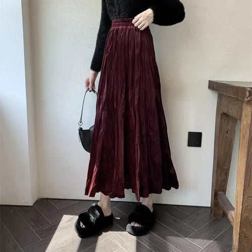 Load image into Gallery viewer, Autumn Winter Women's Black Red Elastic High Waist Velvet Skirt Korean Version Brown Elegant Vacation Party Pleated Long Skirts
