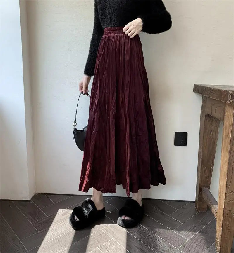Autumn Winter Women's Black Red Elastic High Waist Velvet Skirt Korean Version Brown Elegant Vacation Party Pleated Long Skirts