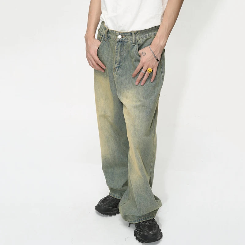 Vintage Gradient Baggy Jean Trousers Trend Men's Fashion Distressed Y2k Style Personality Wide Leg Casual Denim Pant 9C1149