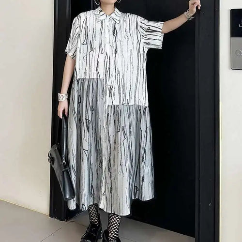 Load image into Gallery viewer, Women Black White Tie Dye Mesh Big Size Midi Shirt Dress New Lapel Short Sleeve Fashion Tide Spring Summer 2025 1DH5962
