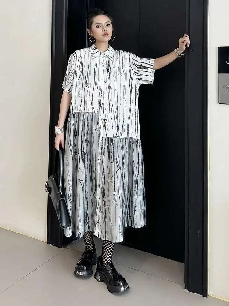 Women Black White Tie Dye Mesh Big Size Midi Shirt Dress New Lapel Short Sleeve Fashion Tide Spring Summer 2025 1DH5962