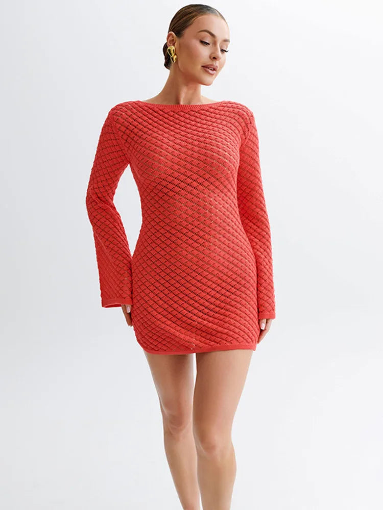 Backless Long Sleeve Knit Mini Dress For Women Fashion Elegant Spring Summer See Through Beach Holiday Dress Beachwear