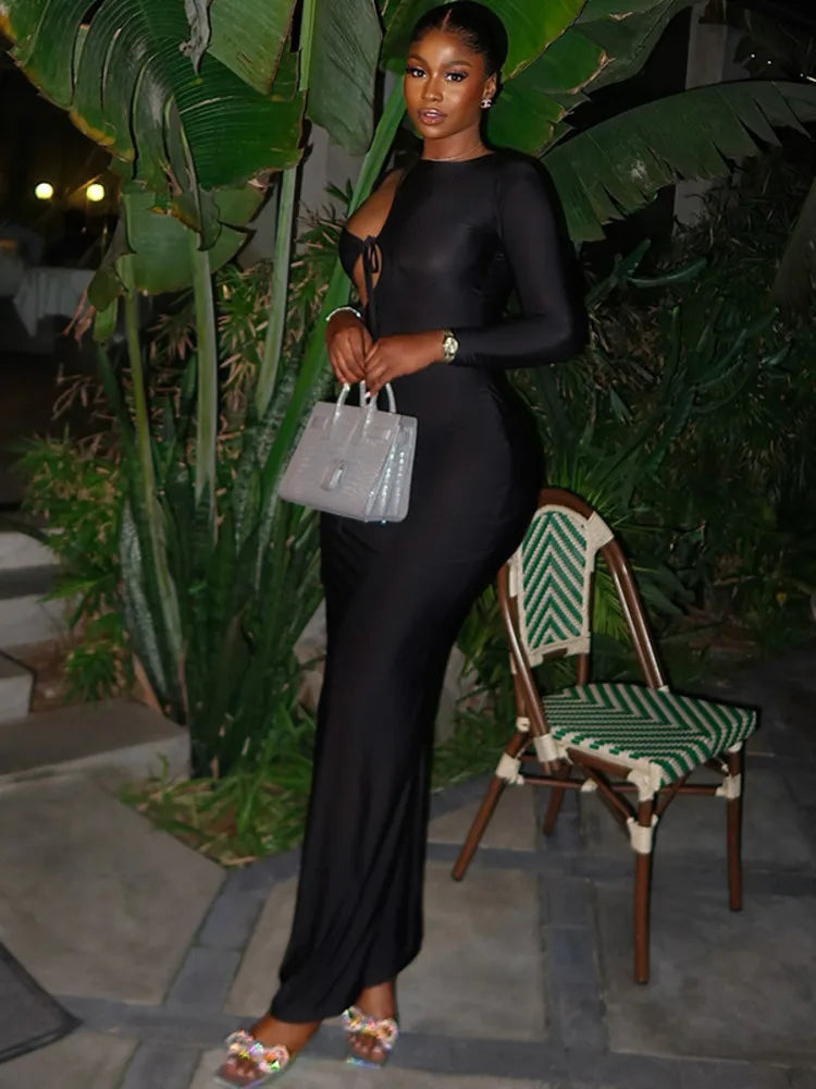 Sexy Hollow Out Irregular Women Party Club Evening Dress Temperament Lace Up Long Sleeved Slim Dress Spring vestidos2025