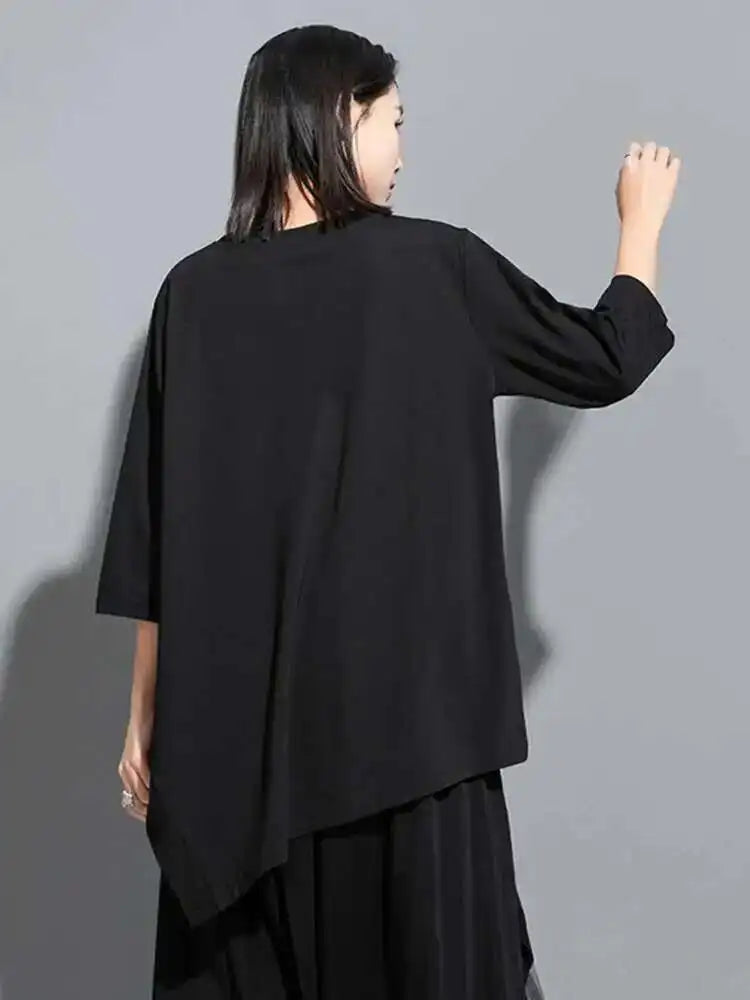 Women Green Irregular Hem Big Size Casual T-shirt New Round Neck Three-quarter Sleeve Fashion Spring Autumn 2025 1DH5949