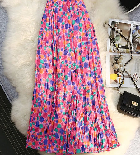 Vintage Floral Print Skirt Women's Summer Sweet Pleated Skirt Elastic High Waist A-line Fashion Plissee Skirts Elegant