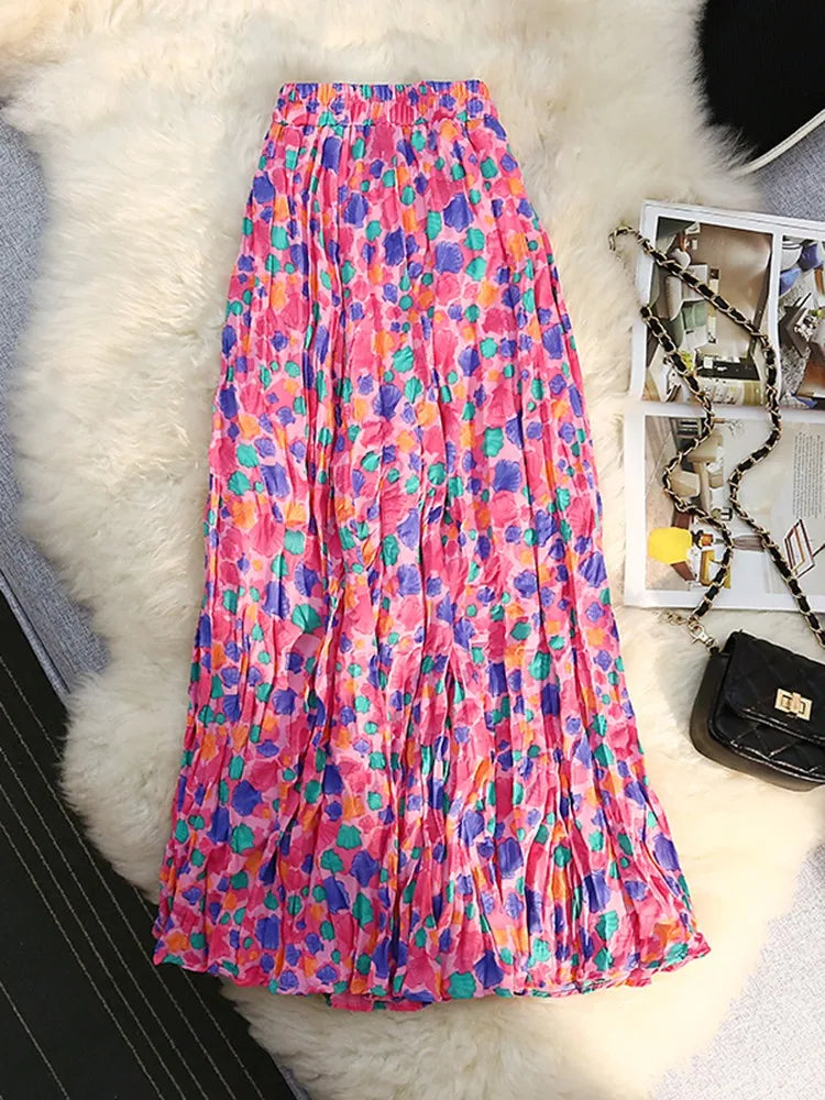 Vintage Floral Print Skirt Women's Summer Sweet Pleated Skirt Elastic High Waist A-line Fashion Plissee Skirts Elegant