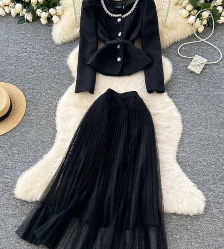 French Two Piece Set Women Black Round Neck Long Sleeve Single Breasted Top And High Waist Mesh Pleated Long Skirt Autumn Winter