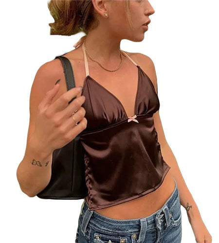 Top with Bow Kawaii Aesthetic Clothes y2k Women Spaghetti Strap Sleeveless Backless Vest 2000s Clothing Streetwear