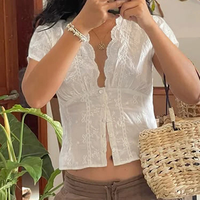 Y2K Bow Textured Waist Cinching Shirts Women Summer Puff Sleeve V-Neck Cardigan Tops Cutecore Button-Fly Girls Blouse