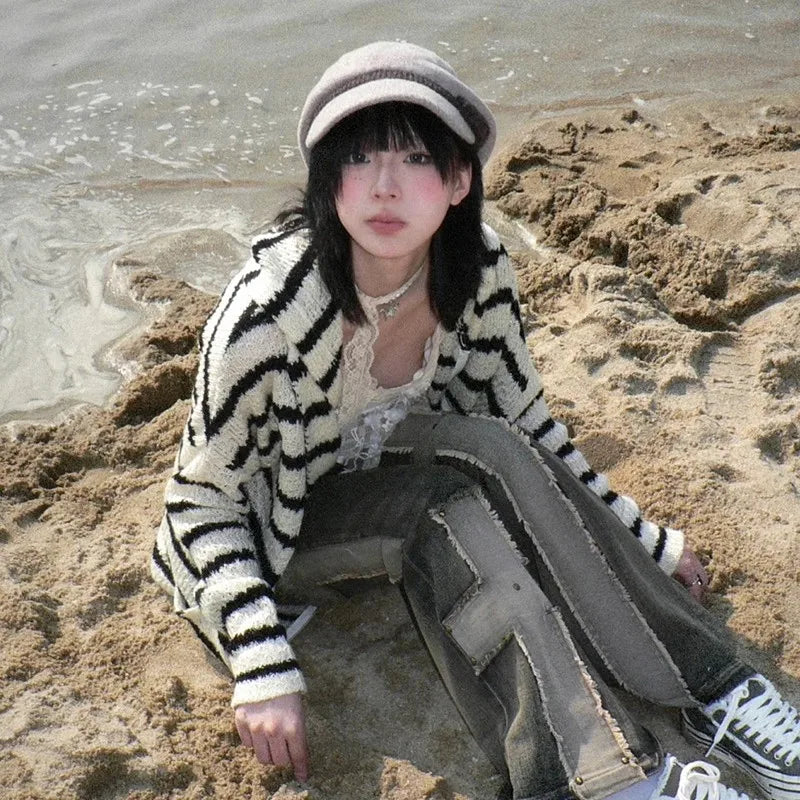 Japanese Y2k Hooded Cardigan Vintage 2000s Style Rabbit Ears Knitted Coat Harajuku Black Striped Knitwear Korean Popular