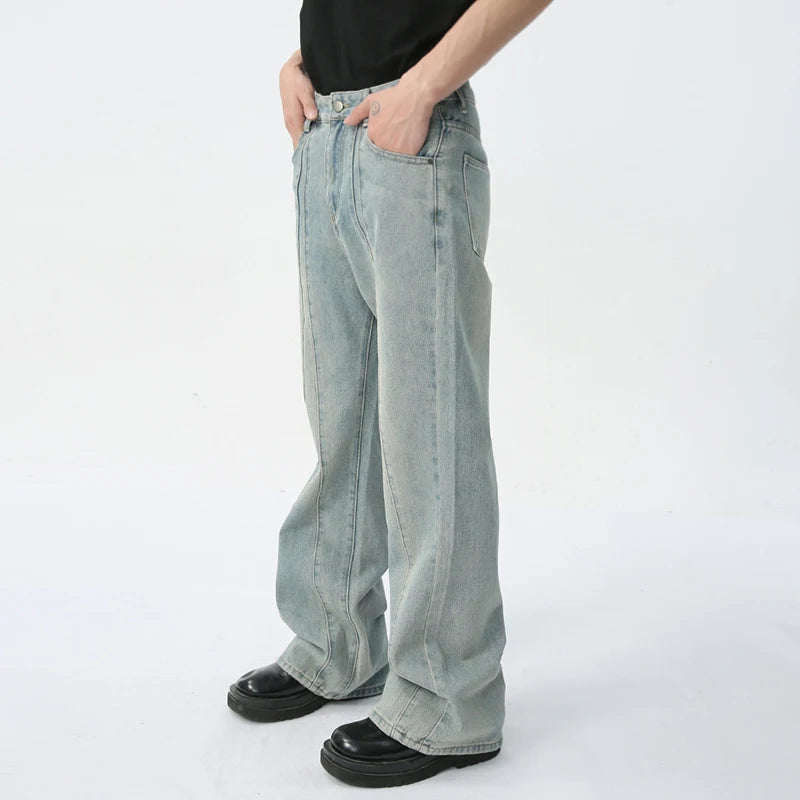 Men's Denim Pants Niche Design Bell-bottoms Patchwork Retro Style Mid-rise Casual Male Jeans Summer Fashion 9C5707