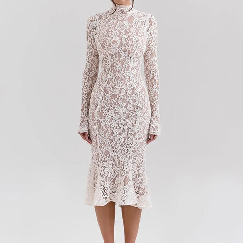 Load image into Gallery viewer, Elegant Lace Long Sleeve Bodycon Party Evening Dress Women 2025 New Autumn/Winter Tight Half High Neck Fishtail Dress
