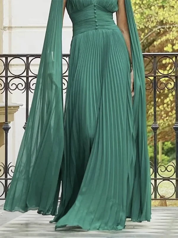 Women Evening Prom Pleated Maxi Dress Summer Elegant V-neck Batwing Sleeves  Banquet Party Long Dresses for Woman
