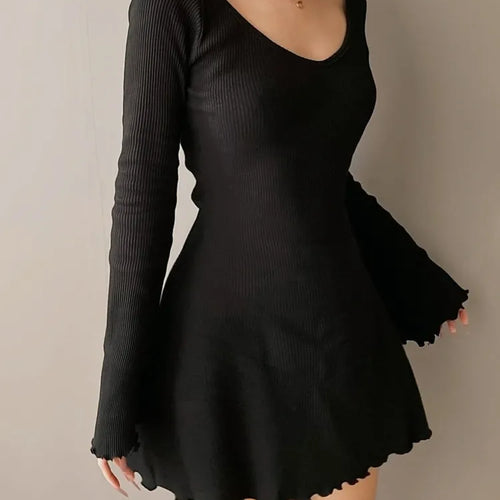 Load image into Gallery viewer, Casual Frill Long Sleeve Black Female Dress Slim Spring Autumn Mini Dresses Basic Fashion Elegant Outfits Korean Chic
