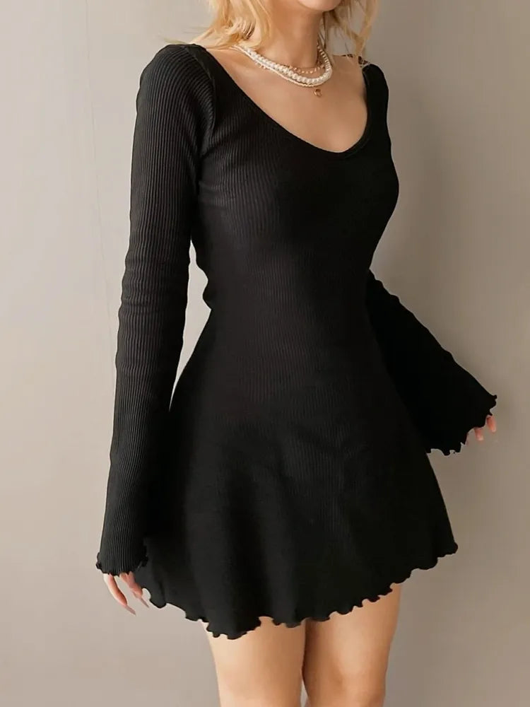 Casual Frill Long Sleeve Black Female Dress Slim Spring Autumn Mini Dresses Basic Fashion Elegant Outfits Korean Chic