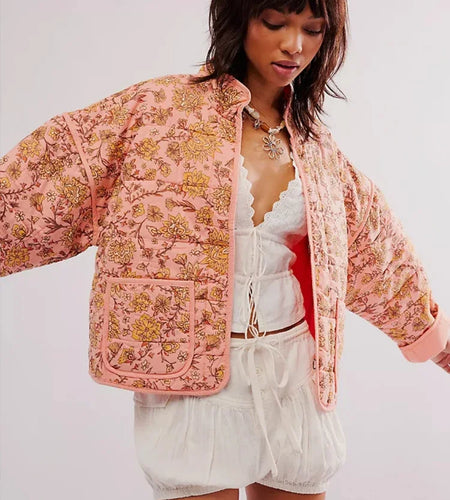 Fashion Women Autumn Short Quilted Coats Flower Print Long Sleeves Coats Chic Loose Single Breasted Jacket 2024