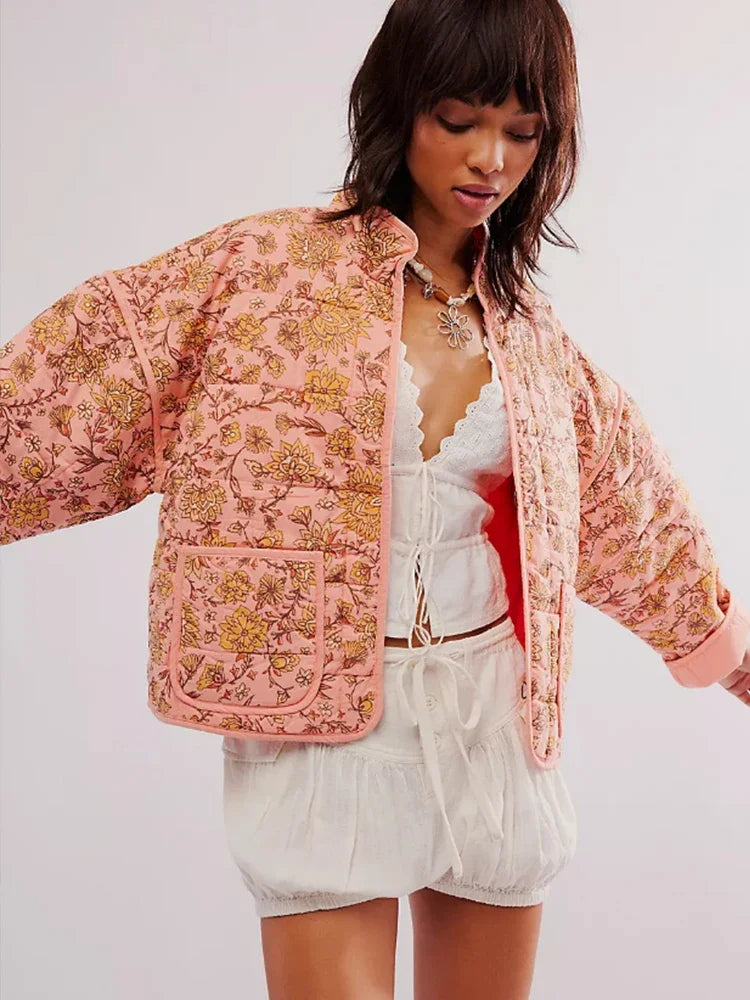 Fashion Women Autumn Short Quilted Coats Flower Print Long Sleeves Coats Chic Loose Single Breasted Jacket 2024