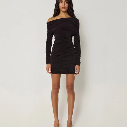 Load image into Gallery viewer, Inclined Shoulder Long Sleeve Sexy Mini Dress For Women Autumn New Fashion Backless Ruched Bodycon Party Sexy Dress
