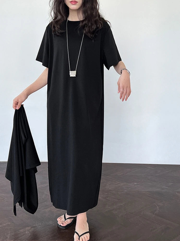 Women White Bandage Irregular Big Size Midi Dress New Round Neck Short Sleeve Fashion Tide Spring Summer 2025 1DJ1263