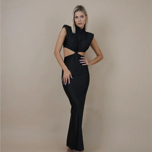 Load image into Gallery viewer, Hollow Out Turtleneck Sexy Maxi Dress For Women Fashion Solid Sleeveless Bodycon Tank Dresses Femme Club Party Dress
